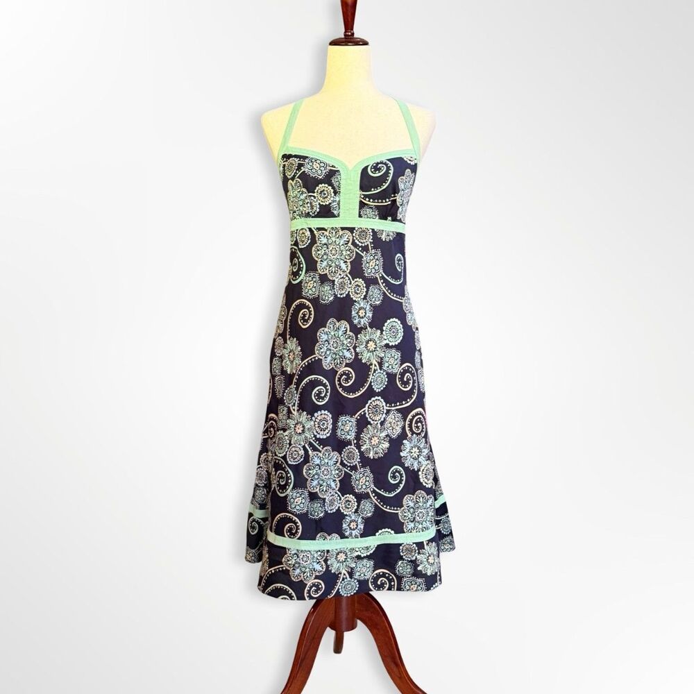 Ann Taylor Loft, Y2K Navy & Mint Paisley Floral Halter Midi Dress, 10